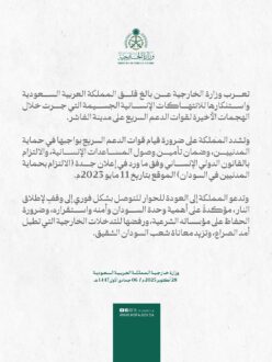 السعودية تعرب عن استنكارها للانتهاكات الإنسانية للدعم السريع في الفاشر