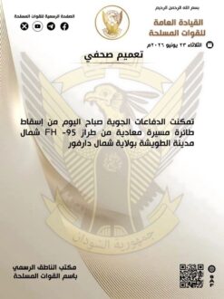 الدفاعات الجوية تسقط مسيرة معادية شمال مدينة الطويشة بشمال دارفور